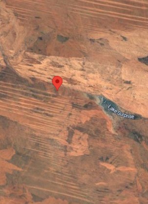 An aerial shot of a red landscape, with a red pin highlighting a point in the centre where a seed collection was made. There is a lake to the east but no road visible in any direction.